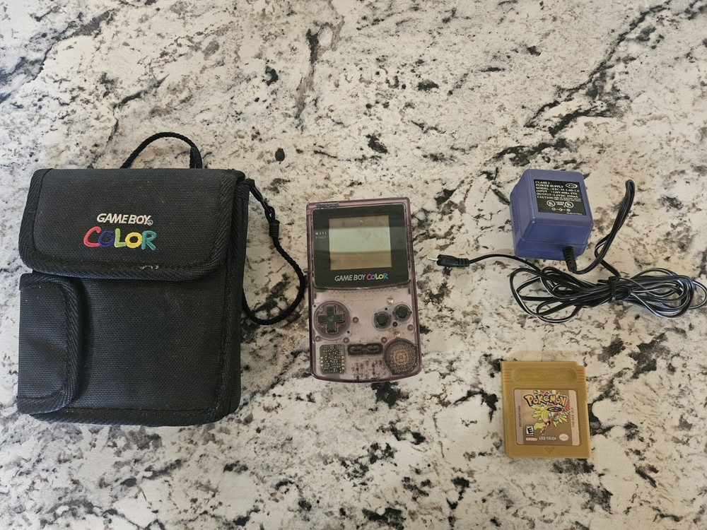 Nintendo Game Boy Color Atomic Purple Bundle Pokemon Gold Case AC Adapter Tested